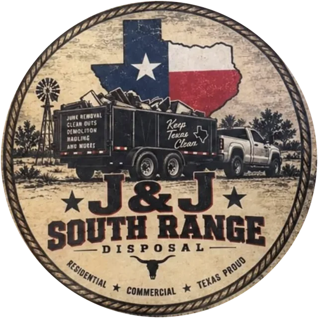 J&J South Range Disposal badge: a trailer full of junk pulled by a pickup under the Texas flag. Residential, Commercial, Texas Proud.